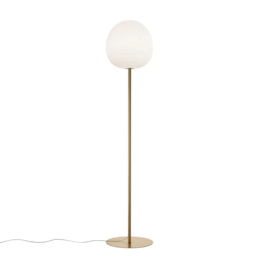 Exceptional Foscarini Rituals floor lamp with a striped blown glass shade and liquid coated metal in muted gold or bronze tones