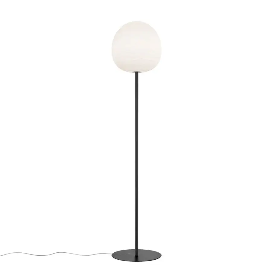 Elegant Foscarini Rituals floor lamp with a striped blown glass diffuser and dark liquid coated metal ballast