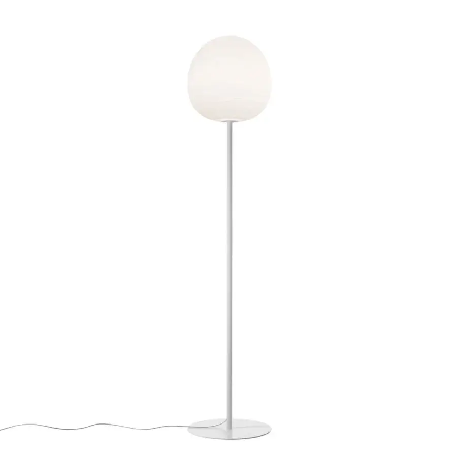 Distinguished Foscarini Rituals floor lamp with a translucent white blown glass diffuser and light gray liquid-coated metal support