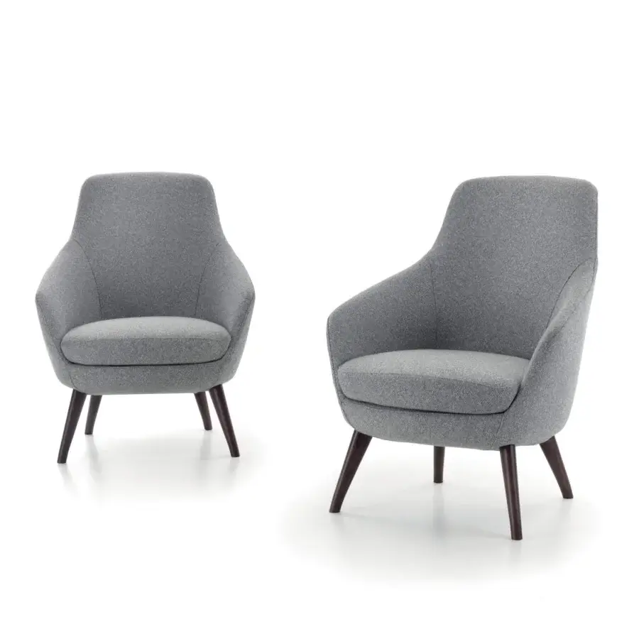 Superior Pacini & Cappellini Spring lounge chair with gray fabric upholstery and dark-toned solid ash wood base