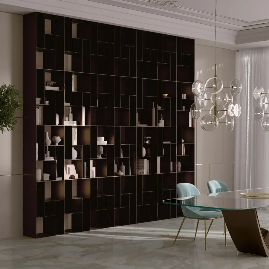 Exceptional Bontempi Atena bookcase with interconnected shelves in dark brown matte finish crafted for wall mounting