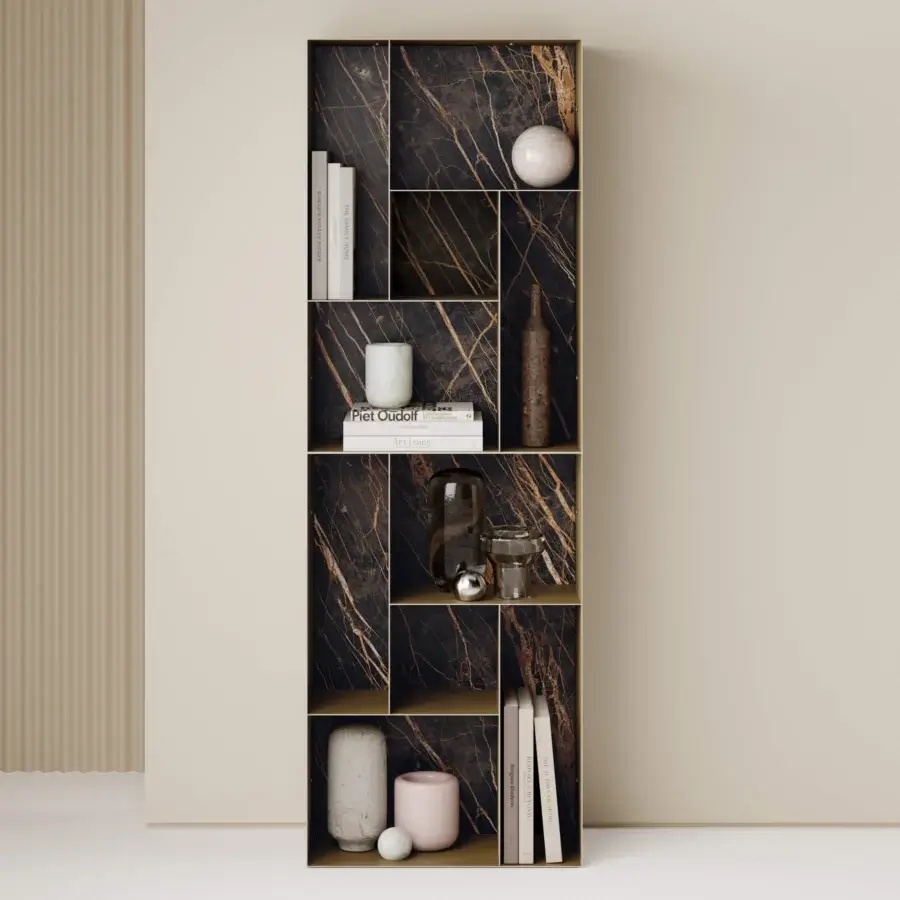 Superior Bontempi Atena bookcase with matte golden framework and dark marble-patterned back exhibiting irregularly sized shelves