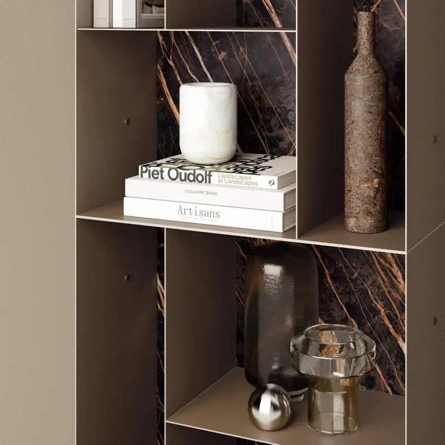 Elegant Bontempi Atena bookcase with medium brown shelves and dark brown marble-patterned back panels crafted in Italy