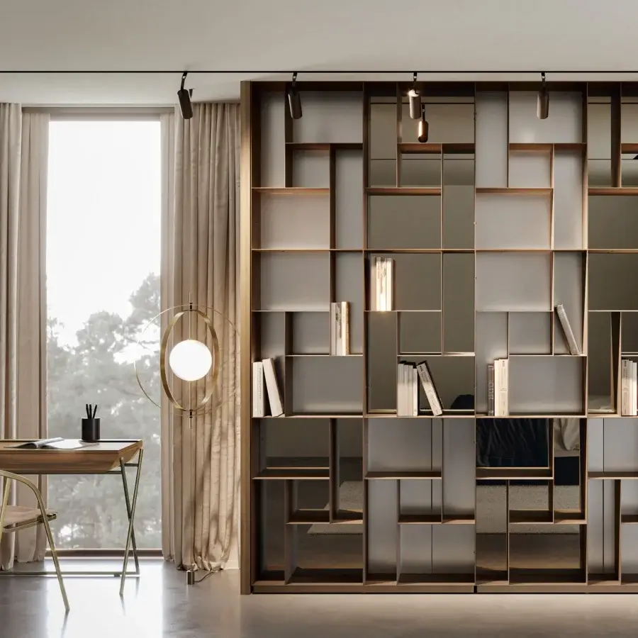 Distinguished Bontempi Atena bookcase with alternating matte medium brown wood and frosted glass sections for dynamic reflections