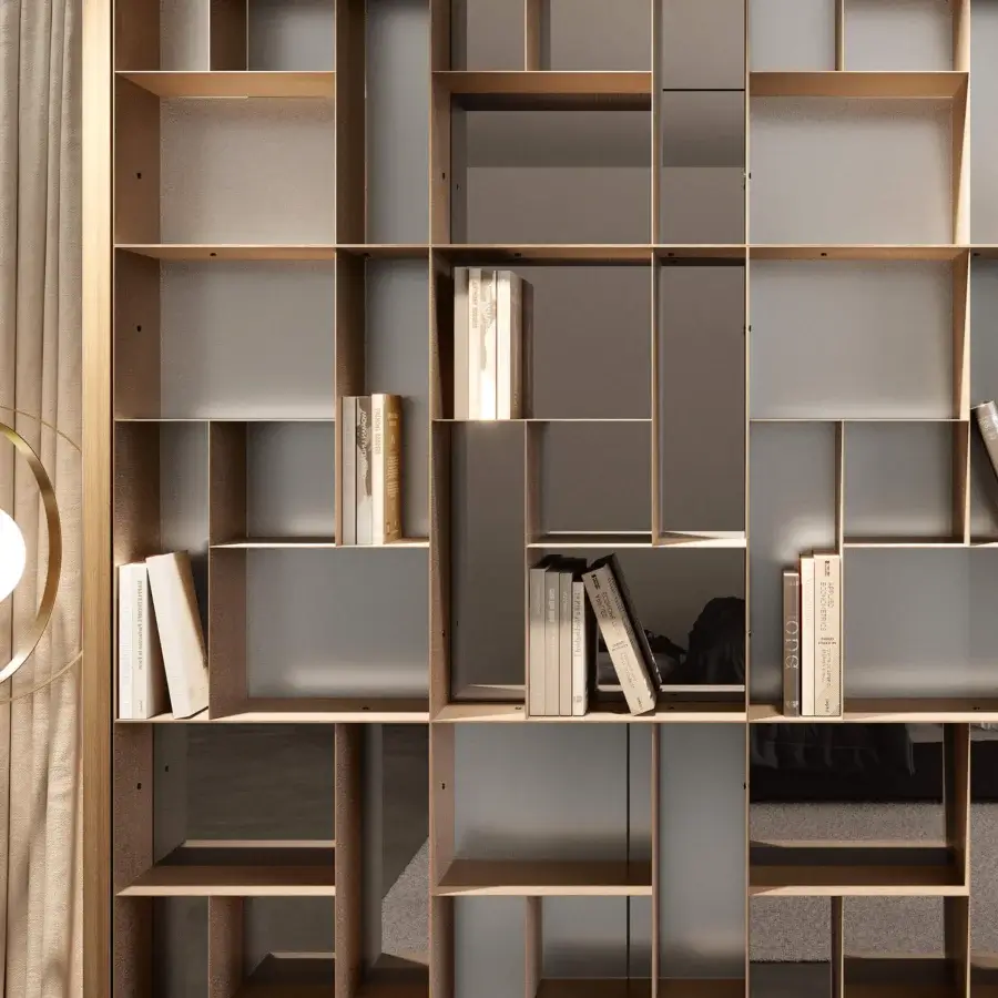 Captivating Bontempi Atena bookcase with light brown wood and gray panels in matte finish showcasing an asymmetrical grid pattern