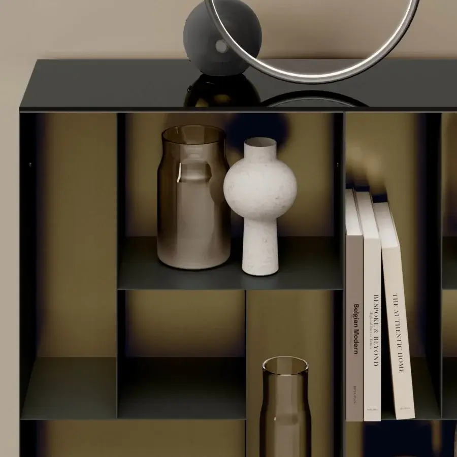 Exclusive Bontempi Atena bookcase with dark gray frame and muted brown shelving in glossy black