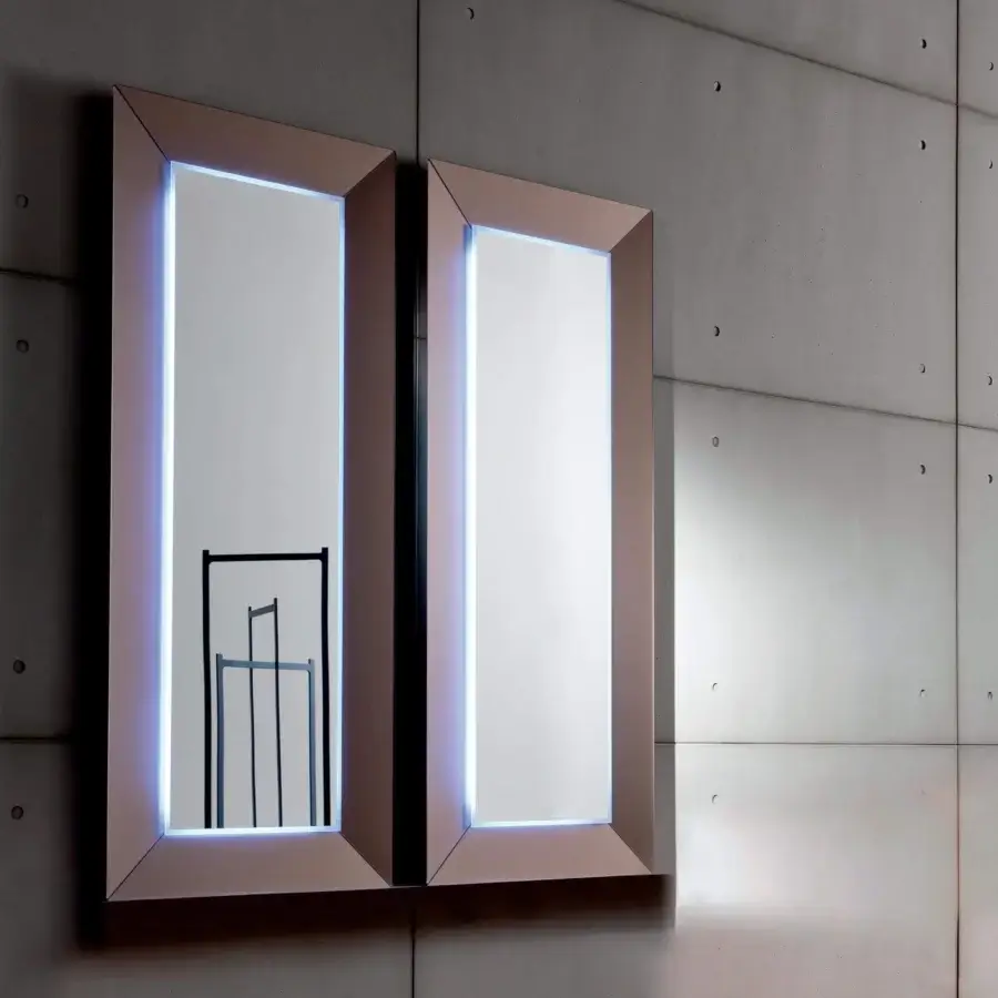Elegant Sovet Italia Denver mirror with aluminum structure and light bronze lacquered frame with subtle blue backlighting