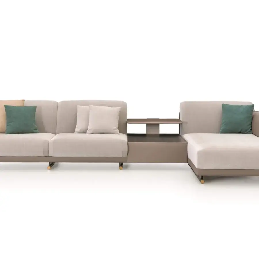 Superior Turri Vine sectional with light beige textile upholstery and darker brown wood shelving with brushed gold accents