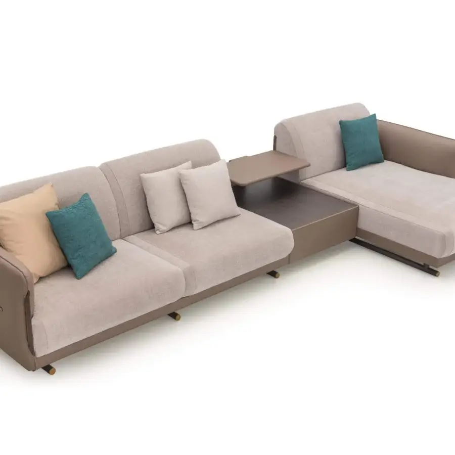 Exclusive Turri Vine sectional with beige fabric cushions, dark brown leather shell and brushed gold metal details