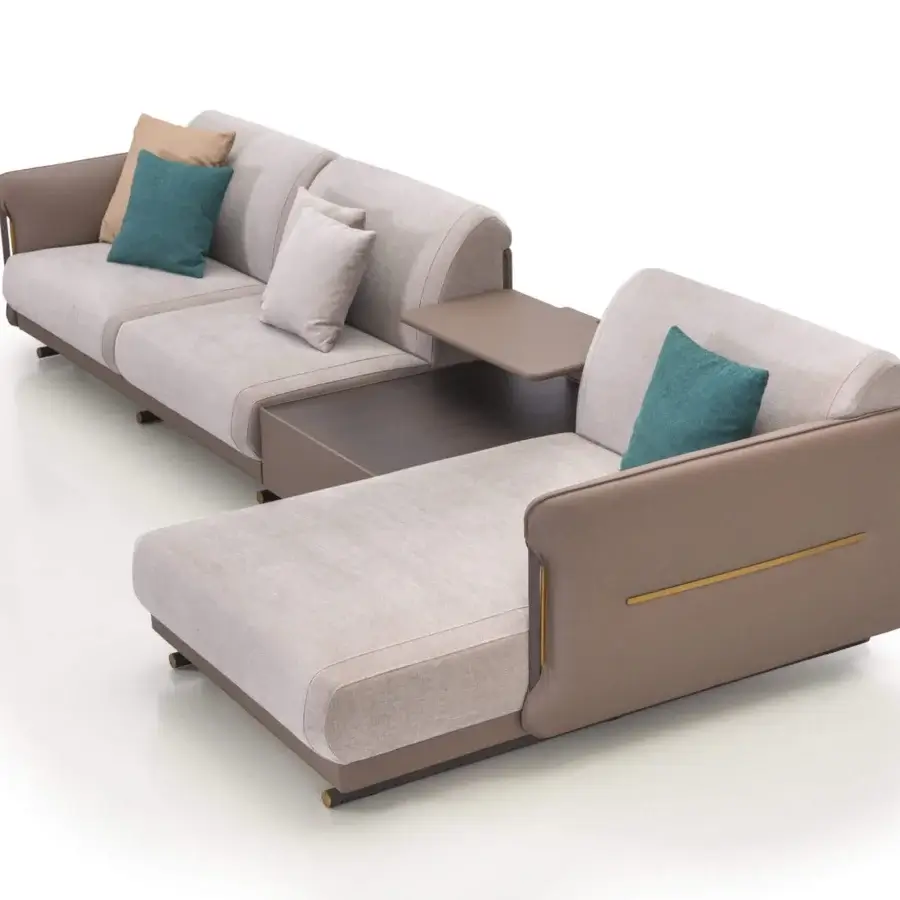 Distinguished Turri Vine sectional with light beige textile cushions, medium-brown leather shell and brushed gold metal details