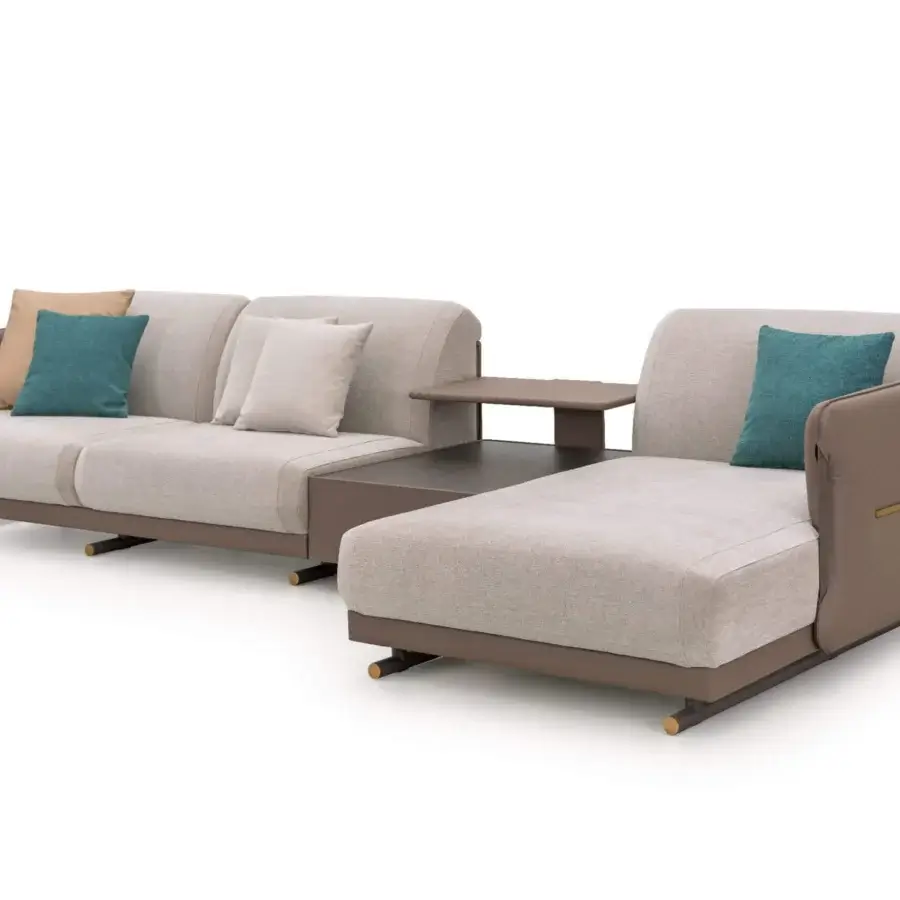 Superior Turri Vine sectional with light beige textile upholstery, dark brown leather shell and brushed gold metal details