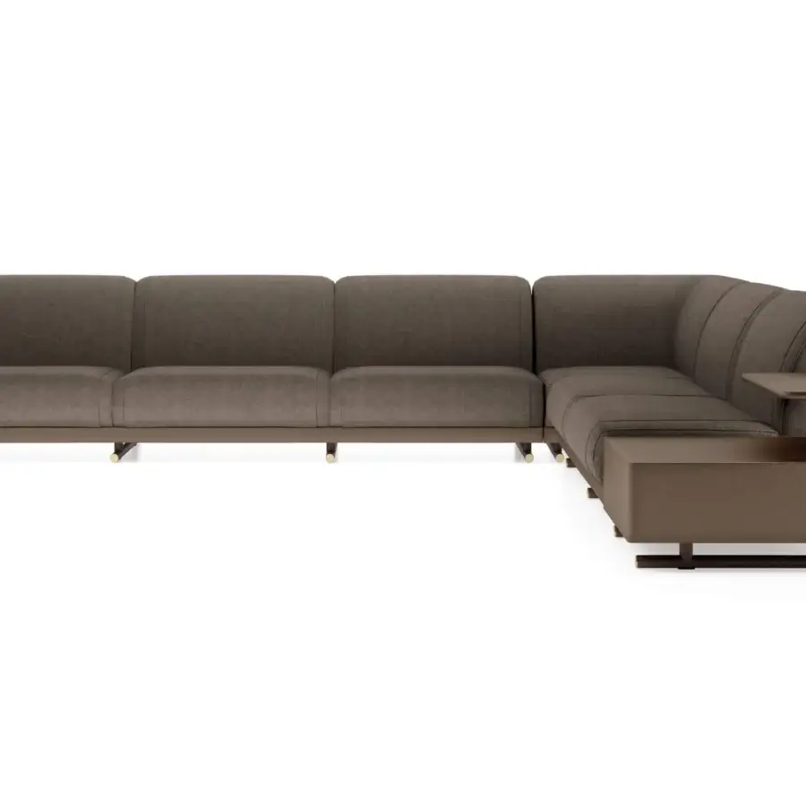 Lavish Turri Vine sectional with brown fabric cushions, light brown leather shell and brushed gold metal inserts