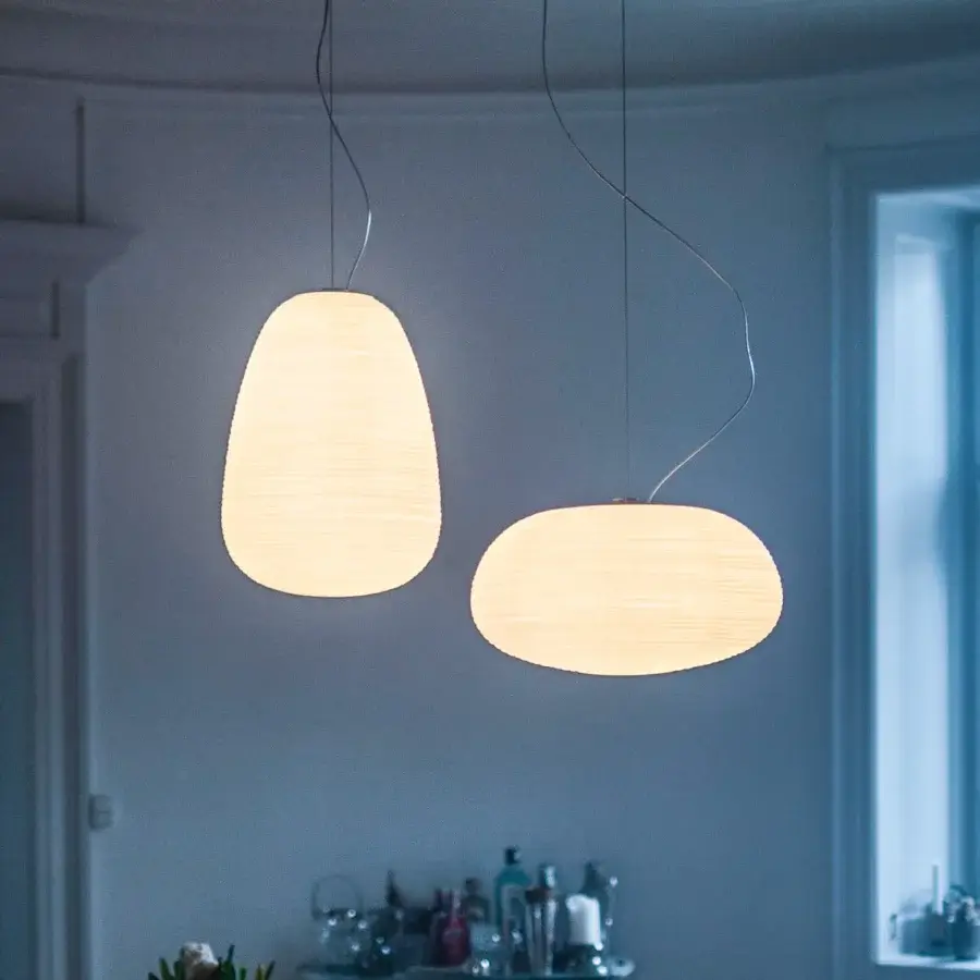 Distinguished Foscarini Rituals suspension lamp with fixed blown glass and unique striped texture crafted in warm white