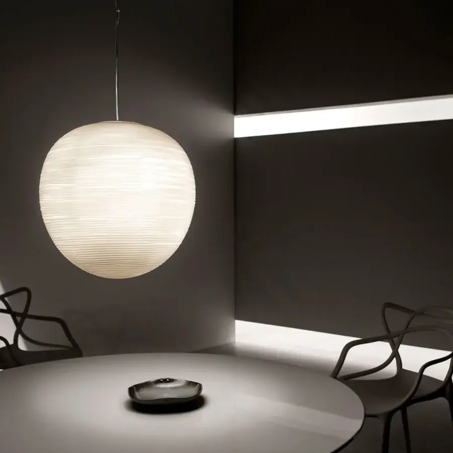 Distinguished Foscarini Rituals suspension lamp with fixed blown glass and a unique striped plaster-like texture crafted in Italy