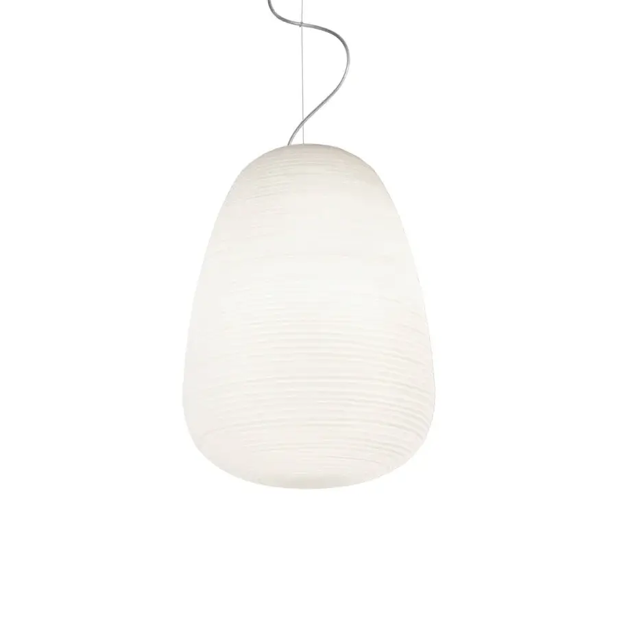 Superior Foscarini Rituals suspension lamp with elongated fixed blown glass and a plaster-like appearance in off-white with a matte finish