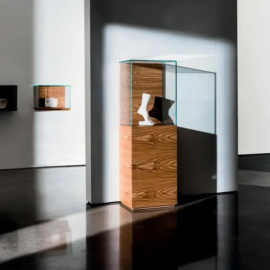 Distinguished Sovet Italia Nest case with veneered oak base and extra light clear glass, showcasing a modern minimalist finish