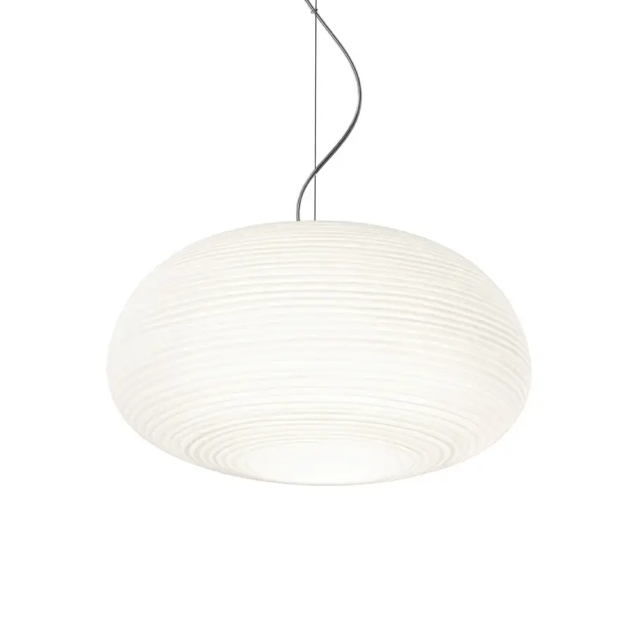 Elegant Foscarini Rituals suspension lamp crafted in fixed blown glass with a unique striped plaster-like finish and stainless steel cable