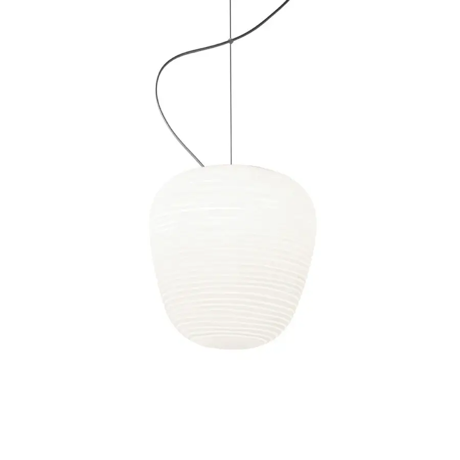Exceptional Foscarini Rituals suspension lamp crafted in fixed blown glass with a plaster-like striped texture and stainless steel cable