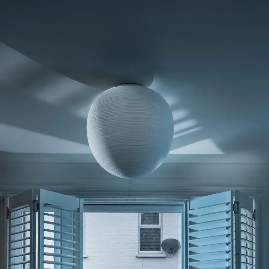 Distinguished Foscarini Rituals ceiling lamp with a fixed blown glass shade and soft matte white finish