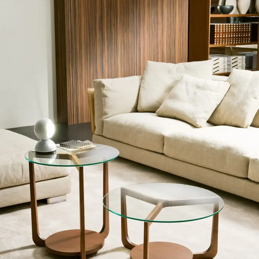 Exceptional Pacini & Cappellini Isola coffee table with clear glass and veneered ash in open pore matte lacquer