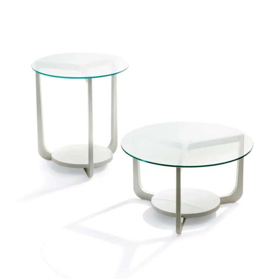 Distinguished Pacini & Cappellini Isola coffee table with transparent glass and light gray veneered ash support crafted in open pore matt lacquer