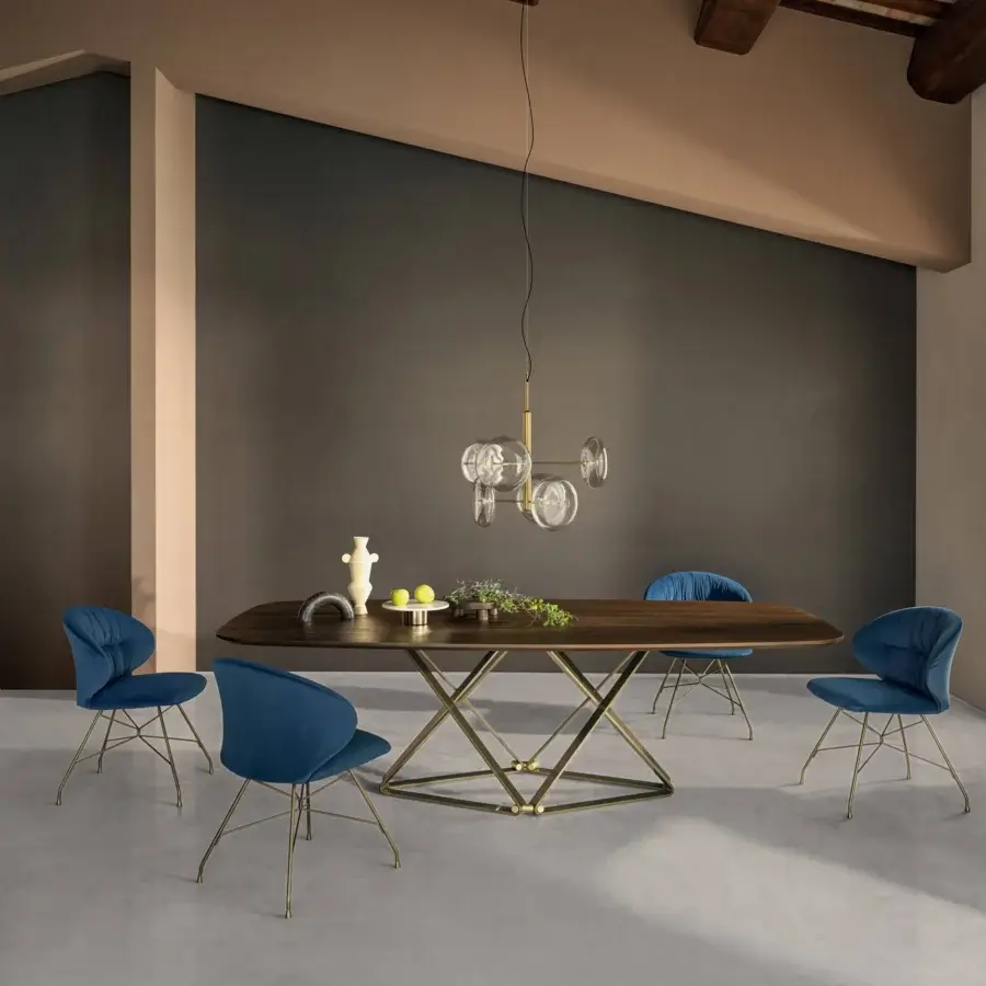 Elegant Bontempi Delta Barrel table crafted in dark brown wood with a matte geometric metal base