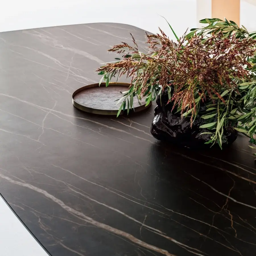 Distinguished Bontempi Delta Barrel table crafted in Italy with a marble-patterned surface and brushed gold-toned metal base