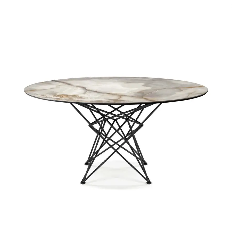 Distinctive Cattelan Italia Gordon table with swirling Marmi ceramic and interwoven black metal rods crafted in Italy