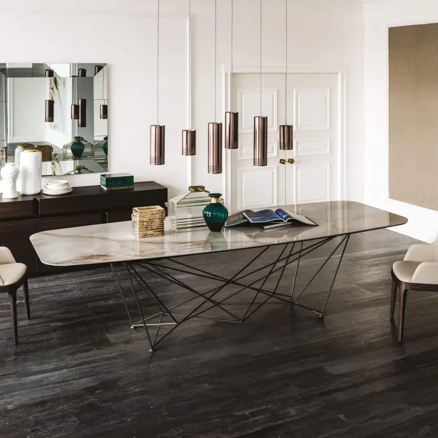 Distinguished Cattelan Italia Gordon table with swirling Marmi ceramic in white, beige and brown tones and a matte finish metal base