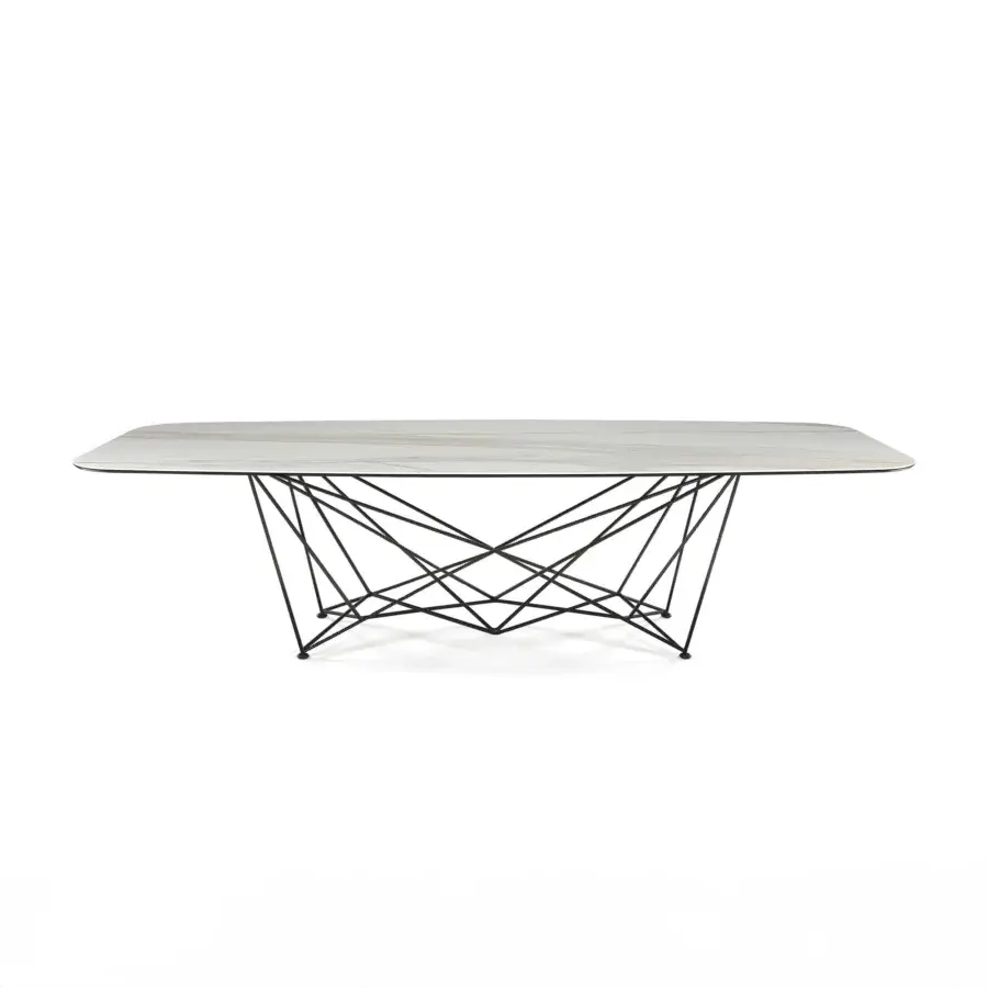 Exclusive Cattelan Italia Gordon table with Marmi ceramic displaying beige, cream and gold tones with a black metal base