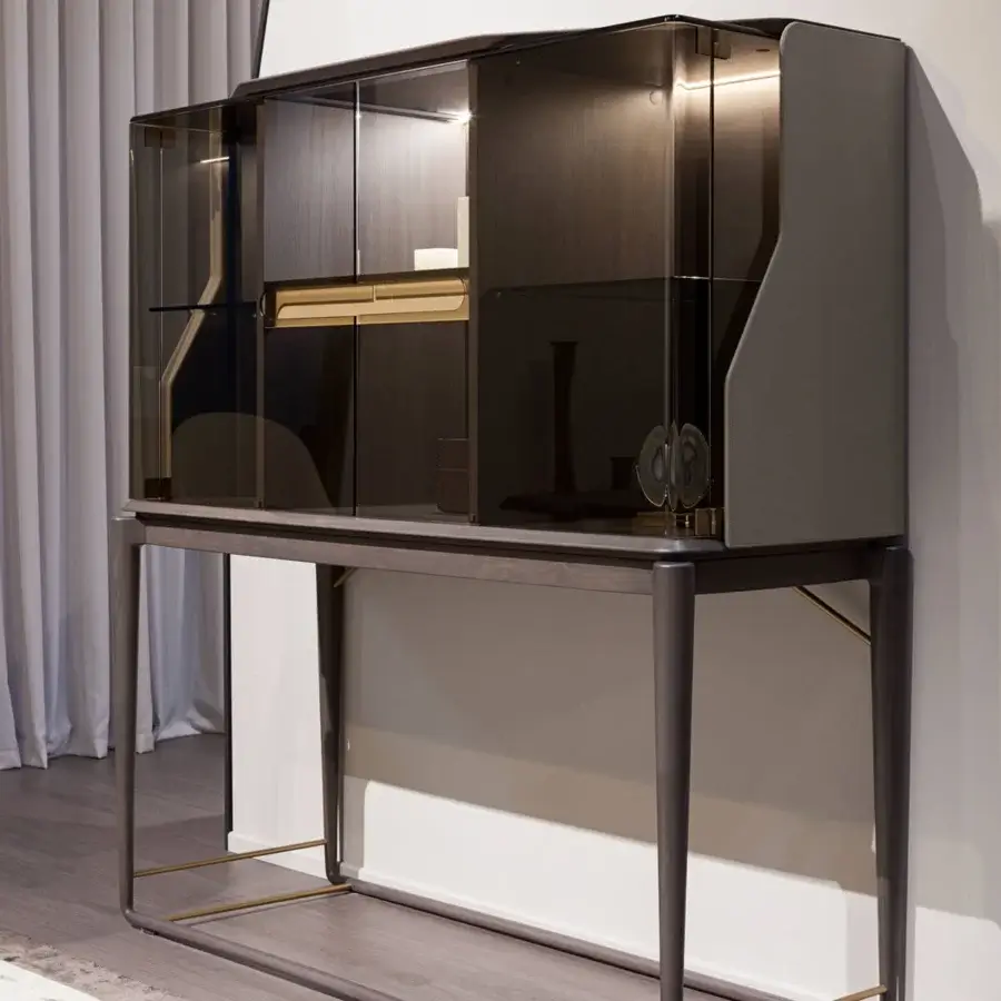 Exclusive Turri Vine bar cabinet with bronzed glass and dark gray-brown wood exhibiting brushed gold details