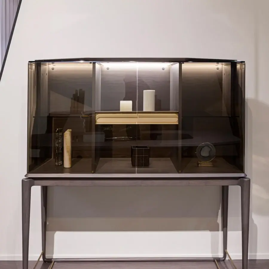 Superior Turri Vine bar cabinet with light bronzed glass in dark matte wood and brushed gold metal details