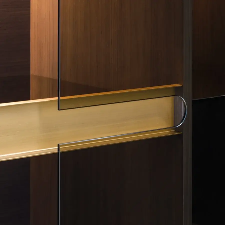 Lavish Turri Vine bar cabinet in dark brown wood with light bronzed glass and brushed gold metal details