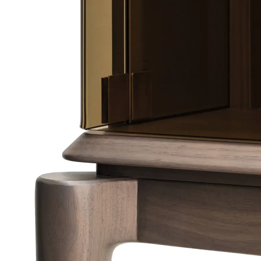 Distinguished Turri Vine bar cabinet with bronzed glass and satin-finished wood, complemented by brushed gold metal details