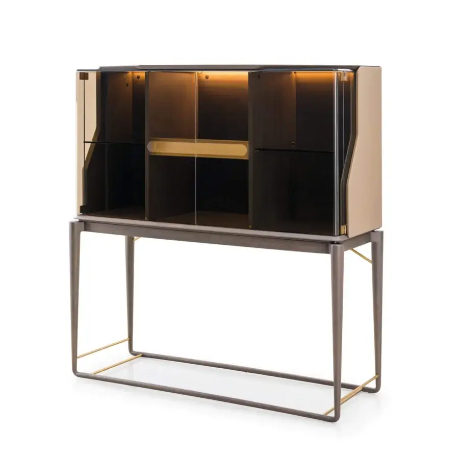 Exceptional Turri Vine bar cabinet with dark brown glossy wood and light bronzed glass, built with brushed gold metal details
