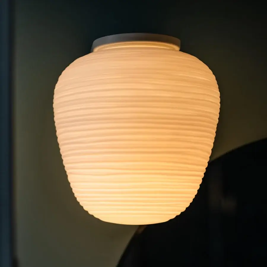 Superior Foscarini Rituals Semi wall lamp with rounded blown glass and distinctive striped effect in off-white plaster-like finish