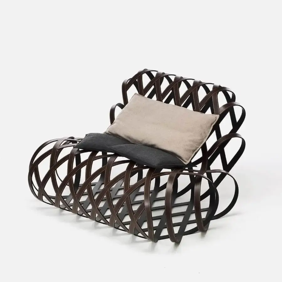 Lavish LaCividina Aria lounge chair with a woven curvilinear silhouette and dark brown saddle leather finish over steel