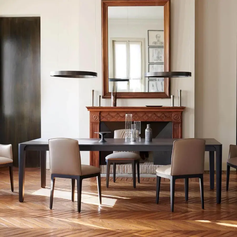 Distinguished Potocco Blossom table crafted in ash wood with clean lines and a dark matte coating