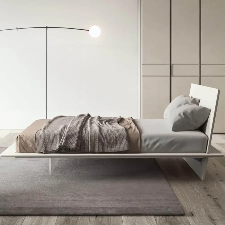 Elegant Presotto Plana bed crafted in particleboard with a matte lacquered finish and angled headboard