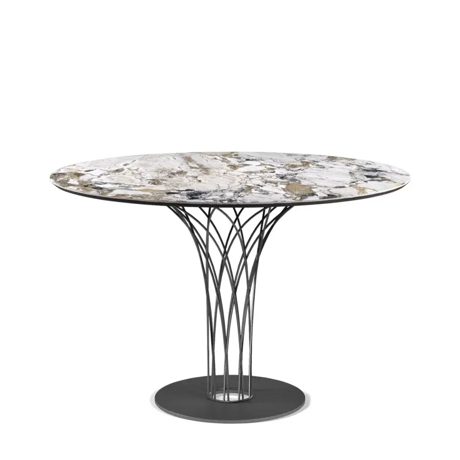 Elegant Cattelan Italia Nido Keramik bistrot table with white, beige and grey Marmi ceramic top and lacquered steel base