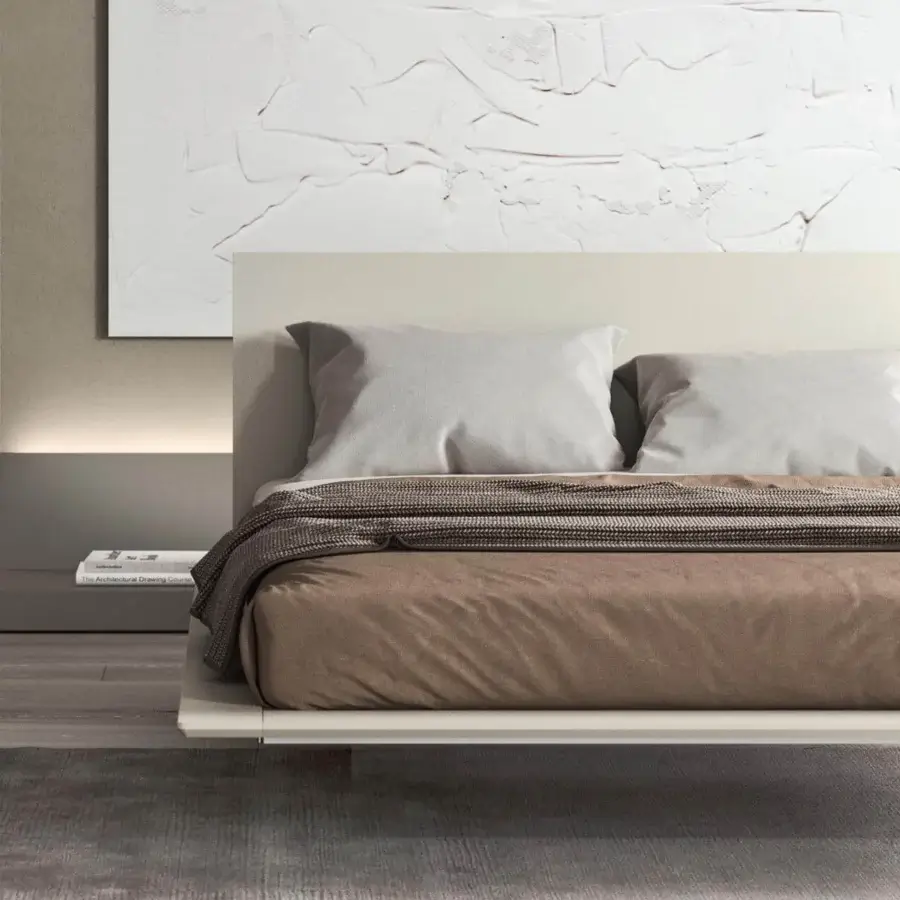 Distinguished Presotto Plana bed crafted in particleboard with a light beige matte lacquered finish ensuring optimal comfort