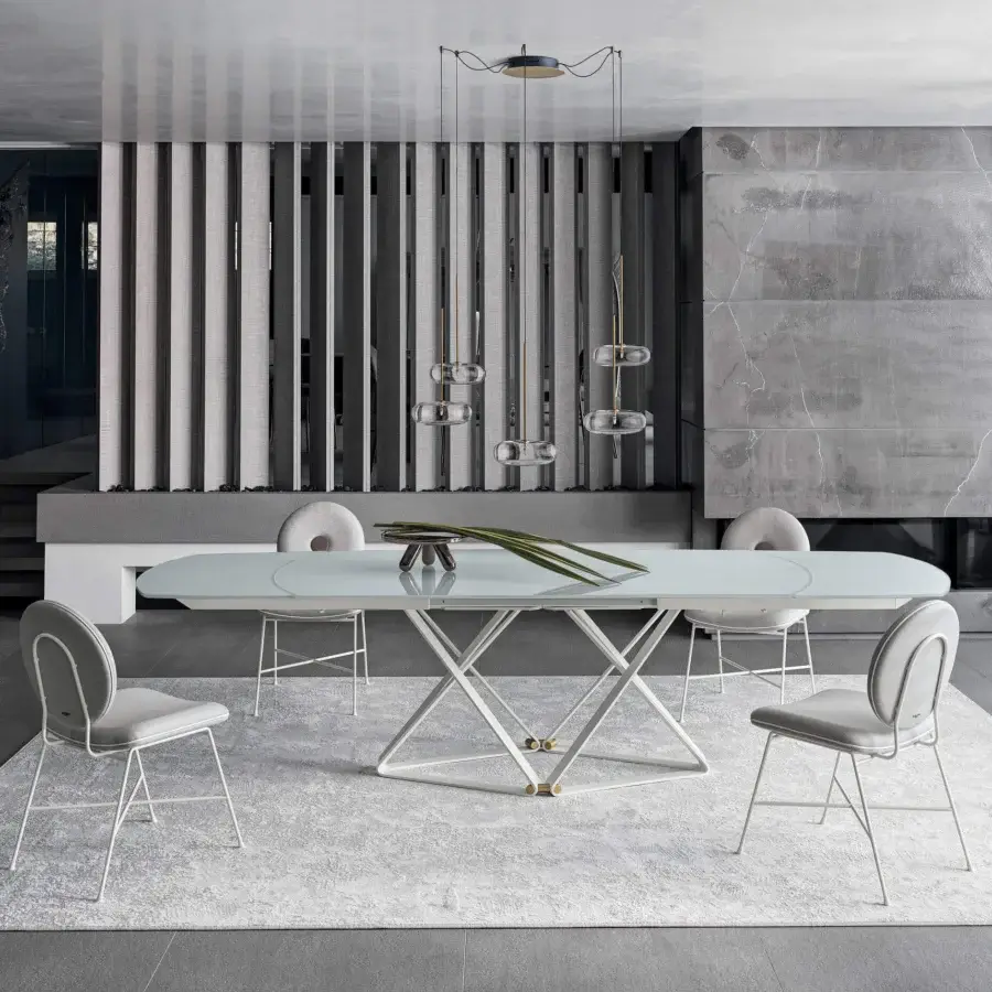 Distinguished Bontempi Delta Barrel table with glossy light gray glass and matte white metal built with gold cylindrical connectors
