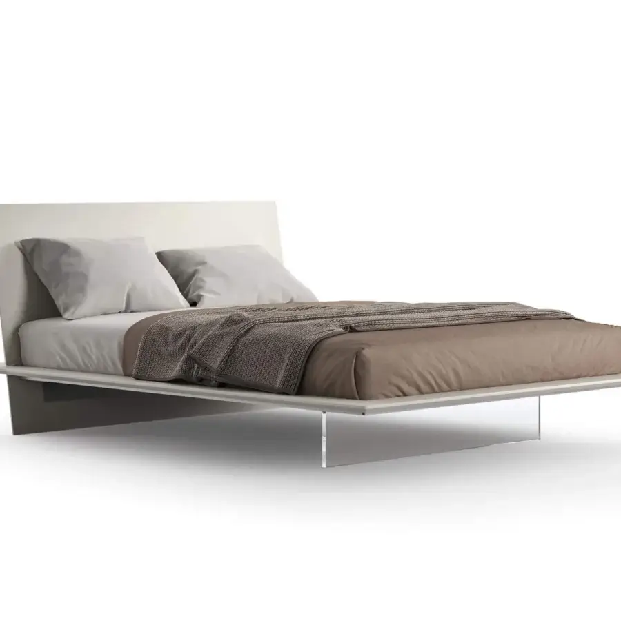 Elegant Presotto Plana bed with a refined base and headboard crafted in particleboard with a matte lacquered finish and light gray textiles
