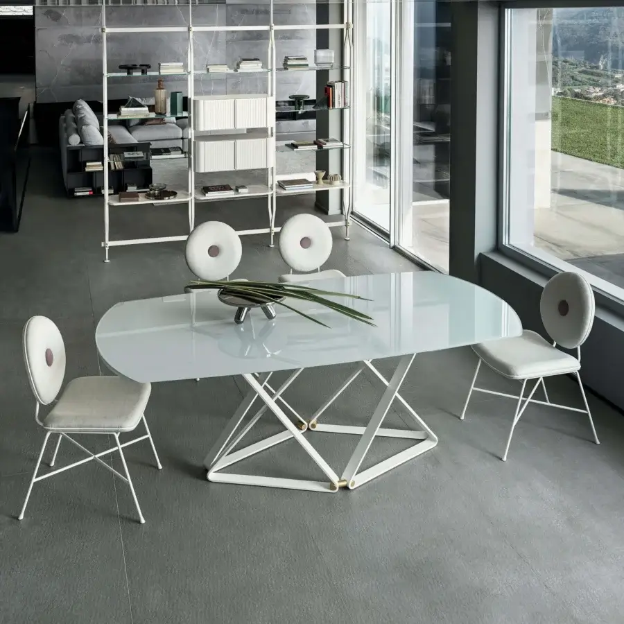 Elegant Bontempi Delta Barrel table with white glass and geometric white metal base crafted in Italy