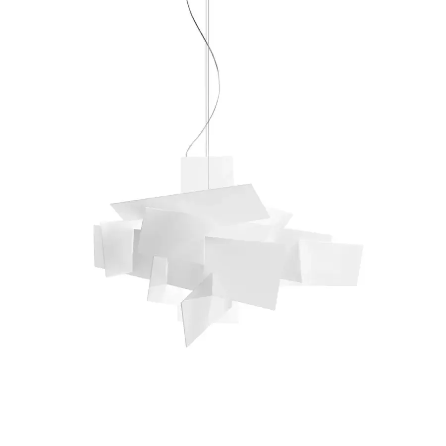 Superior Foscarini Big Bang suspension lamp with intersecting white aluminum and translucent methacrylate slabs in a matte finish