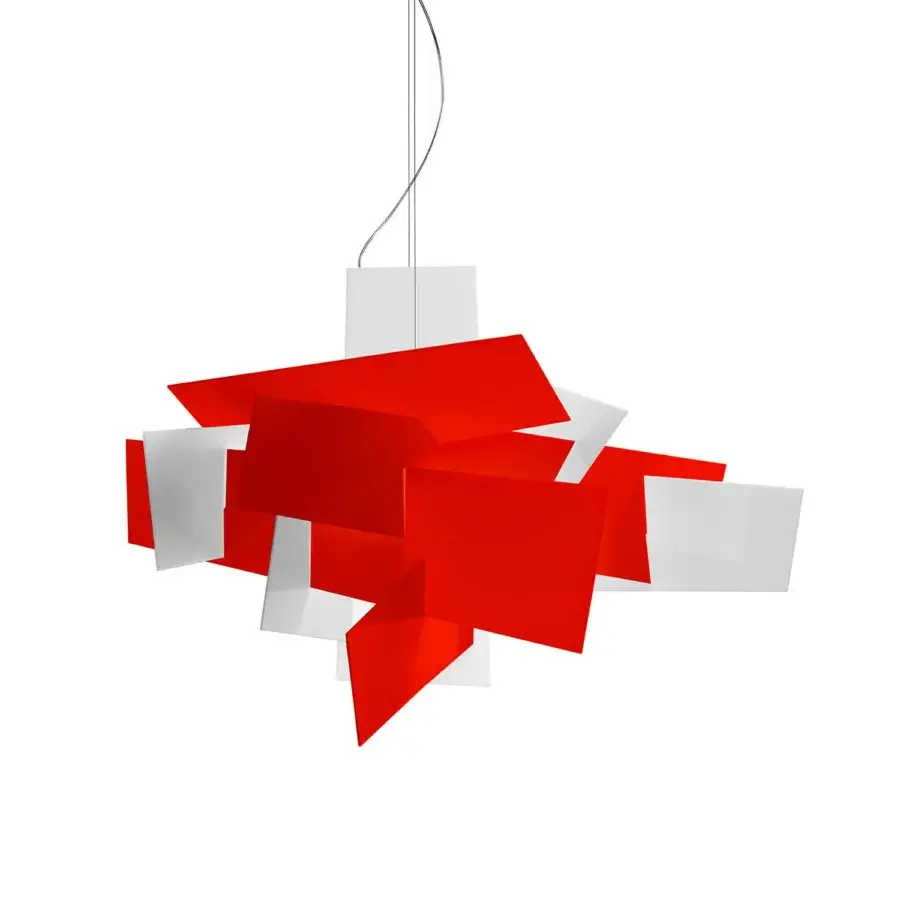 Exclusive Foscarini Big Bang suspension lamp with intersections of translucent red methacrylate slabs and white epoxy powder coated metal canopy