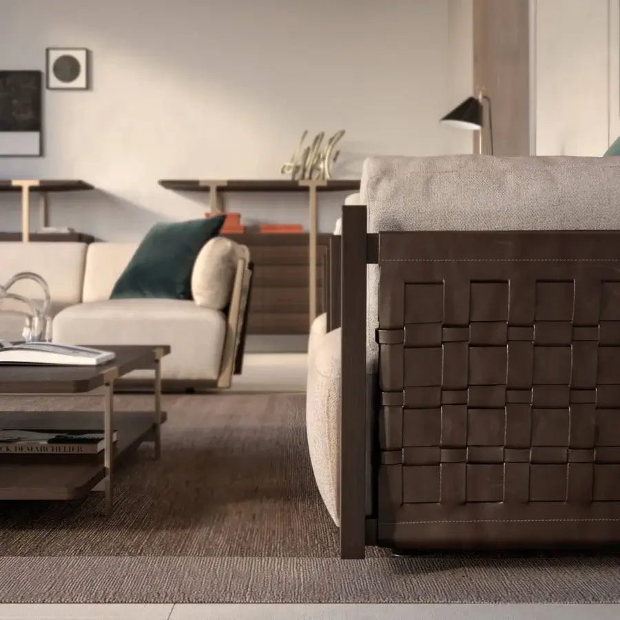 Distinctive Turri Net lounge chair with light beige textile upholstery and Eucalyptus frame built with woven leather panel