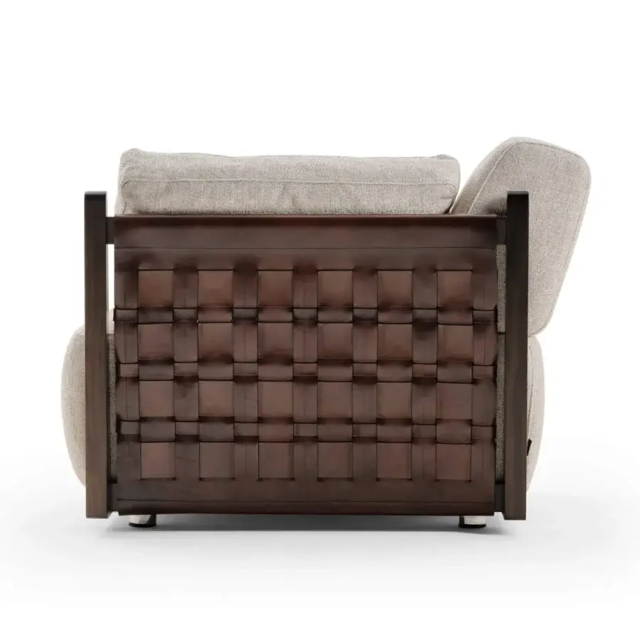 Exceptional Turri Net lounge chair with light beige textile upholstery and dark-toned Eucalyptus frame built with a smooth finish