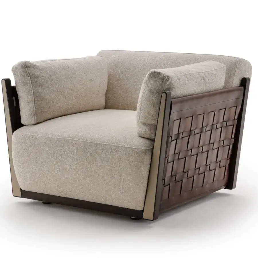 Lavish Turri Net lounge chair with woven leather detailing and neutral beige matte textile upholstery crafted in Eucalyptus wood