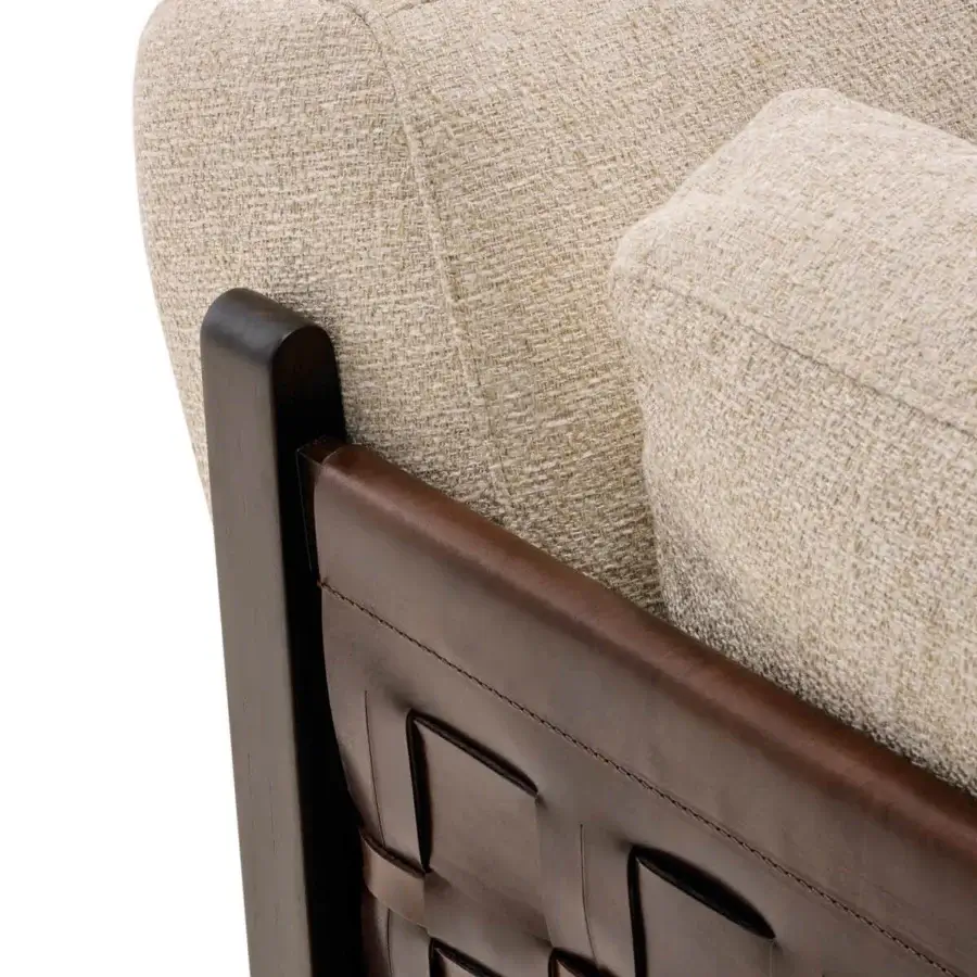 Superior Turri Net lounge chair crafted in eucalyptus with light beige textile upholstery and woven brown leather